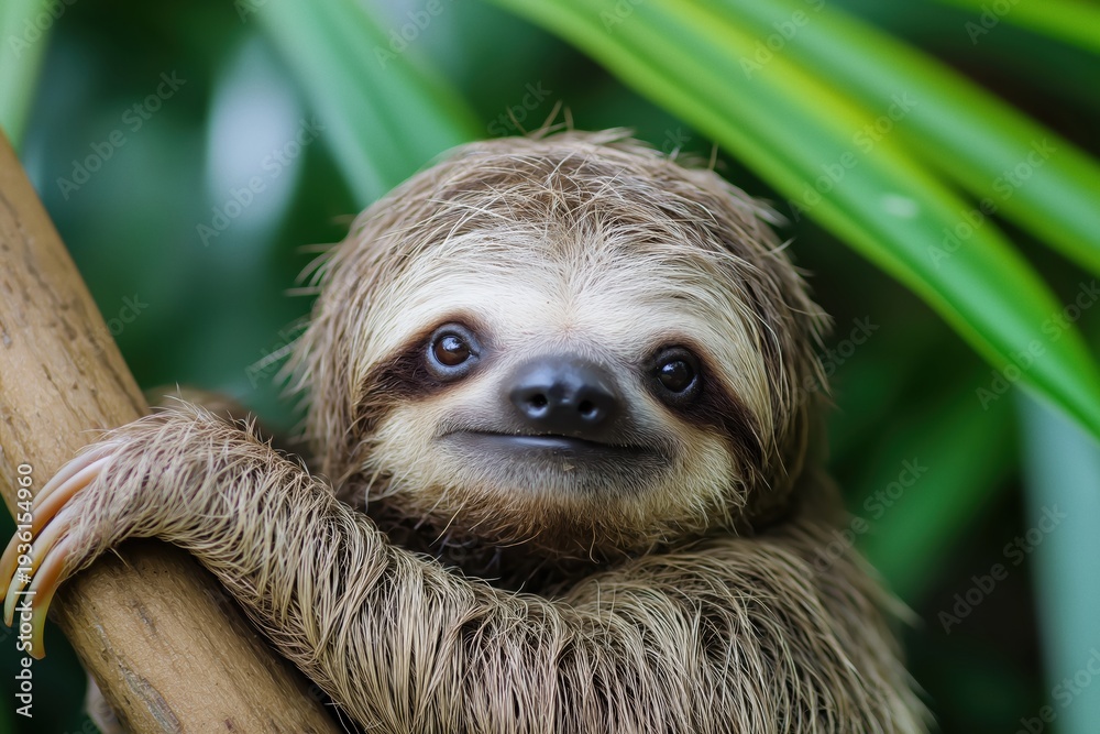 Naklejka premium Sloth hanging on a tree branch, looking into the camera with a cute expression. Wild animal living in tropical rainforest