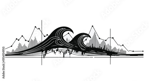 black and white wave illustration with cityscape and mountains
