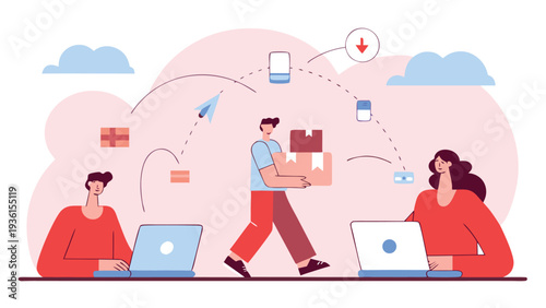 A central male figure carrying brown boxes walks between a man and a woman using blue laptops under a pink background with logistics icons.