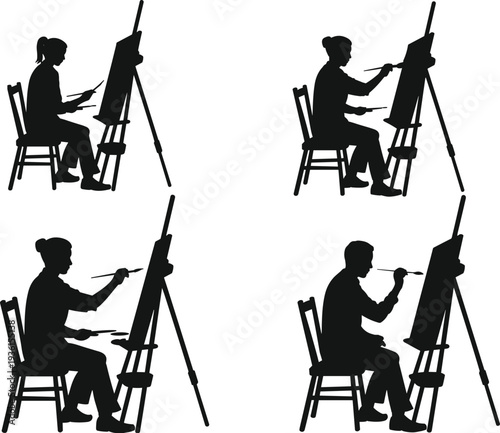 Artist painting on canvas silhouettes collection with painters sitting at easel creating artwork, creative art studio activity illustration isolated on white background