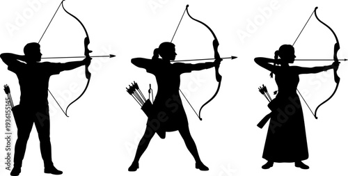 Archery athlete silhouettes collection with male and female archers aiming bow and arrow, traditional and sport archery action illustration isolated on white