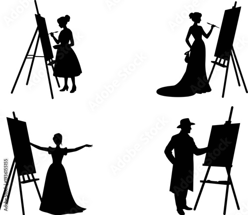 Artist painting on easel silhouettes collection with classic male and female painters creating artwork on canvas, creative art studio illustration isolated