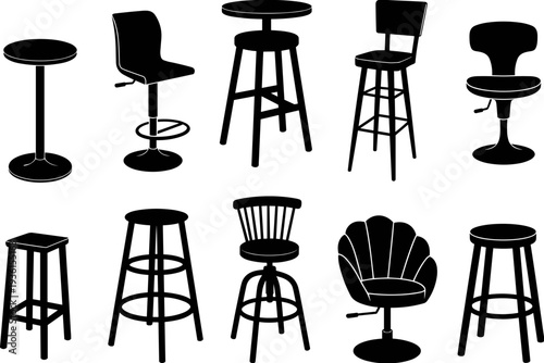 Bar stool and chair silhouettes collection with modern furniture seats for cafe, kitchen counter and bar interior design illustration isolated on white