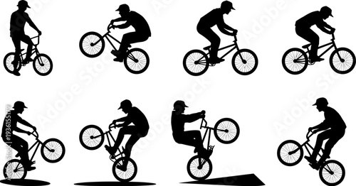 BMX rider silhouette sequence performing wheelie jump tricks isolated on white background, extreme cycling stunt set, urban freestyle bike action illustration collection concept