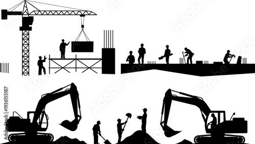 Construction site silhouettes with crane, excavator and workers building structure, heavy machinery and industrial building activity illustration isolated on white background