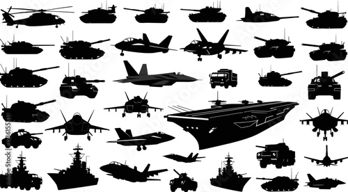 Set of 35 detailed black military silhouettes featuring modern jet fighters, armored tanks, transport vehicles, warships, and attack helicopters, war machines vector collection.