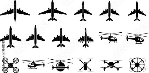 Set of Aviation Silhouettes, Including Passenger Airplanes, Military Jet Fighters, Helicopters, and Quadcopter Drones, Representing Transport, Travel, and Flight Technology