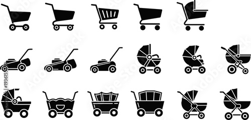 Set of baby stroller and cart silhouettes, black pram buggy pushchair icons vector collection for childcare, shopping, transport, and family design use