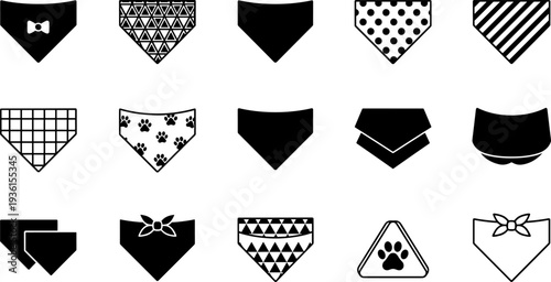 Set of Bandana and Scarf Vector Icons with Various Patterns like Polka Dots, Stripes, and Paw Prints, Neckwear Accessory Silhouette Graphics for Pets,