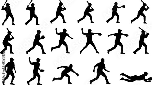 Set of Baseball and Softball Player Silhouettes with Soccer Ball Icons, Professional Action Poses for Batting, Pitching, and Running, Sports Vector Illustration Graphics