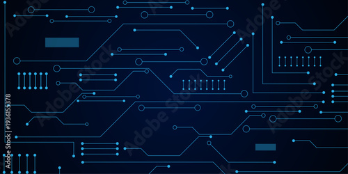 Blue electrical line or circuit electronic with circle engineering technology dark blue background.
