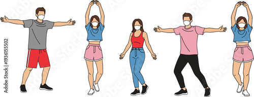people wearing face mask exercising, fitness workout characters, healthy lifestyle concept, pandemic safety exercise, active men women vector illustration
