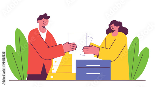 A man wearing a red jacket and a woman in a yellow outfit exchange white paper documents across a blue filing cabinet flanked by green leaves.