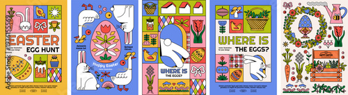 Happy Easter! Vector cute spring illustrations of an Easter hunt, eggs, bunny, goose, tulip, wreath, carrot, flower and Easter cake for greeting card, poster, postcard, children's invitation, backgrou