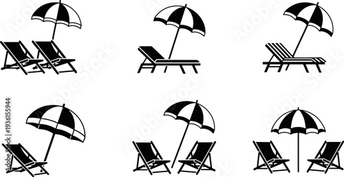 Set of beach umbrella and sun lounger silhouettes, summer vacation seaside furniture icons, outdoor leisure vector illustration isolated on white background