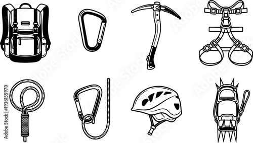 Set of black and white mountain climbing and hiking equipment icons including backpack, ice axe, harness, rope, helmet, and carabiners for adventure and extreme sports vector illustration. 