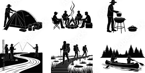 Set of black and white silhouette illustrations depicting outdoor camping, fishing, hiking, and canoeing activities, representing adventure travel, recreation, summer vacation, 