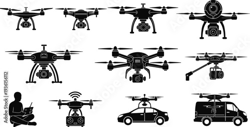Set of Camera Quadcopter Drone Silhouettes, Including Operator with Remote Control, Representing Technology, Surveillance, Delivery, Mapping, Aerial Photography, and Automation
