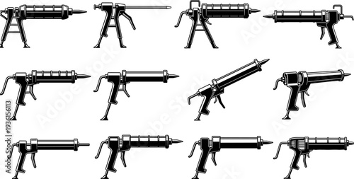 Set of caulking gun silhouettes in multiple angles, black sealant applicator vector collection for construction, renovation, repair tools, icons, and illustrations