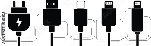 Set of charging cable connectors vector illustration, including USB, Type-C, Lightning, and power plug icons, minimal design for technology and electronics concept