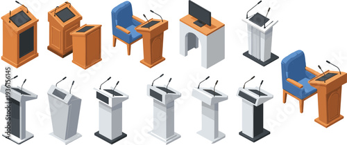 podium lectern tribune set, conference speech stand collection, debate stage podium furniture, presentation microphone desk vector illustration