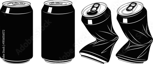Set of clean and crushed aluminum beverage cans in bold black silhouette style, vector illustration ideal for recycling themes, packaging design, waste awareness, and environmental projects