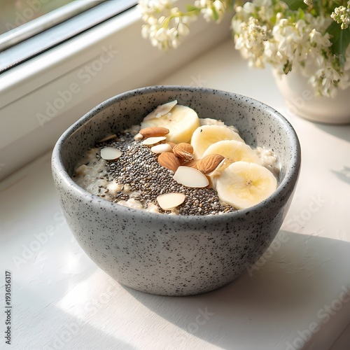Healthy Breakfast Bowl with Oatmeal, Bananas and Nuts on Table