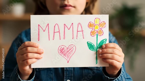 Child holds up a handmade card with the word MAMA and a drawing.
