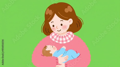 Mother lovingly holds a small infant against a bright green background.