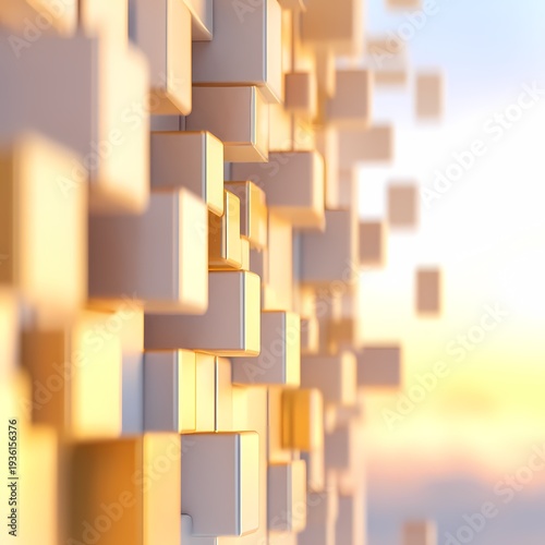 Abstract Golden Cube Wall Design with Warm Light Reflection