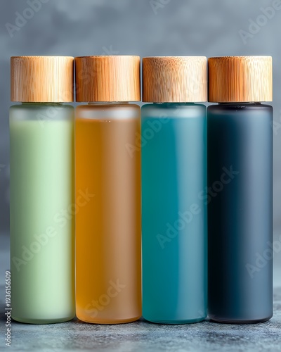 Colorful Bottles of Natural Oils on Gray Background