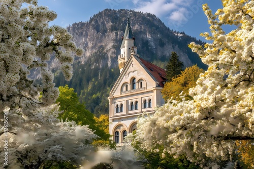 Elegant Historic Building Surrounded by Blooming White Flowers