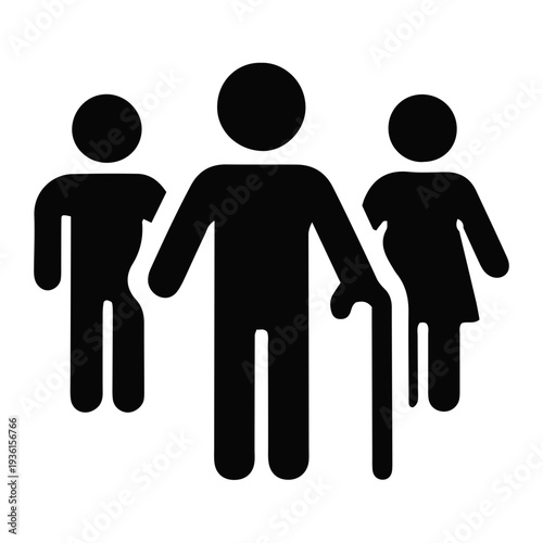 Graphic icon portraying a multigenerational group, including an elderly person with a cane, flanked by two other adults, symbolizing family, community, support, and intergenerational bonds