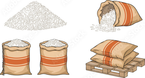 Rice storage and packaging elements set in 2x2 grid with burlap sacks and scattered grains