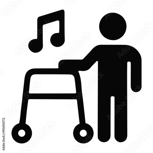 Illustration of a person with a walker and musical notes, symbolizing music therapy or a musical hobby for seniors