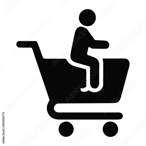 Person riding on a shopping cart icon representing online shopping and consumerism