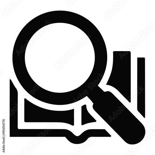 Clean concept icon for educational inquiry and research, displaying a magnifying glass over an open book, symbolizing the pursuit of knowledge and learning