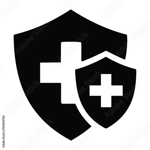 Shields with crosses symbolising healthcare and protection, medical safety icon