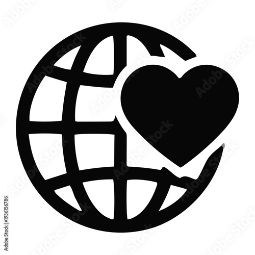 Minimalist graphic icon symbolizing global love and care for the planet, representing international unity, compassion, and interconnectedness in a simple black and white design