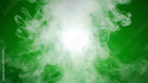Clean white smoke or mist dissipating from a bright central light on a vivid green background, ideal for atmospheric graphic elements or overlay effects