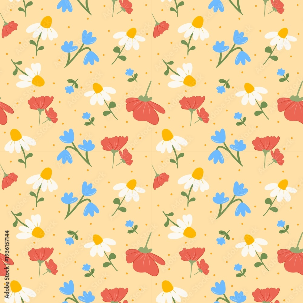 Fototapeta premium Seamless pattern of vibrant spring flowers and daisies on warm cream yellow background for textile design