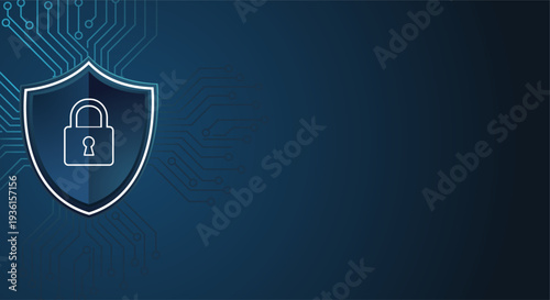 Digital security shield with padlock icon and circuit board background