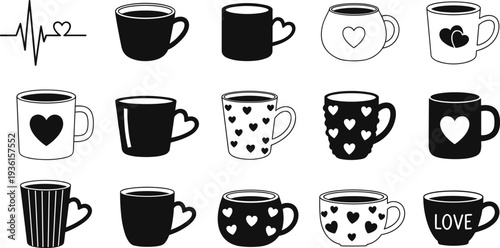 Set of coffee cup and mug icons with heart symbols, black and white vector illustration collection, romantic beverage designs for love, cafe, and branding