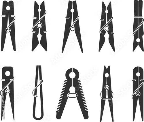 Set of clothespin silhouette vector icons, wooden and plastic pegs collection for laundry, hanging clothes, household, drying, and cleaning illustration