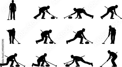 Set of Curling Player Silhouettes with Broom and Stone, Baseball Athlete Action Poses, Soccer Ball Icons, and Pet Bandana Accessory Vector Illustration Graphics,