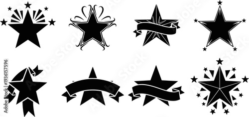 Set of decorative star vector icons with ribbons and banners, black and white geometric shapes for rating, award, quality guarantee, and patriotic graphic design elements, minimal style.