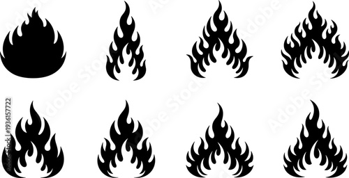 Set of fire flame silhouettes collection, black vector illustration of burning flames for logo design, hazard symbols, heat concepts, and graphic projects