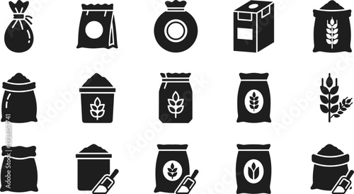 Set of Flour and Grain Bag Icon, Sack of Wheat, Harvest Crop, Agricultural Product, and Bakery Food Packaging Black Vector Graphic.