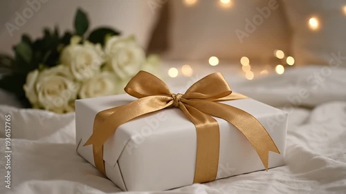 A white gift box with a gold ribbon rests near white roses on soft bedding.
