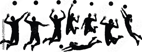 volleyball player silhouettes jumping set, beach volleyball action poses, sport athlete collection, spike block dive movements vector illustration